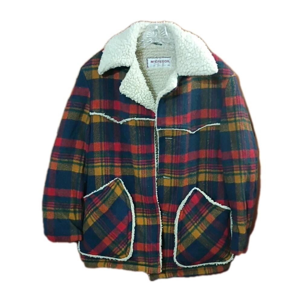 McGregor Sherpa Lined Jacket Vtg 70s Sz 42 Tartan‎ Blue Red Plaid Western READ